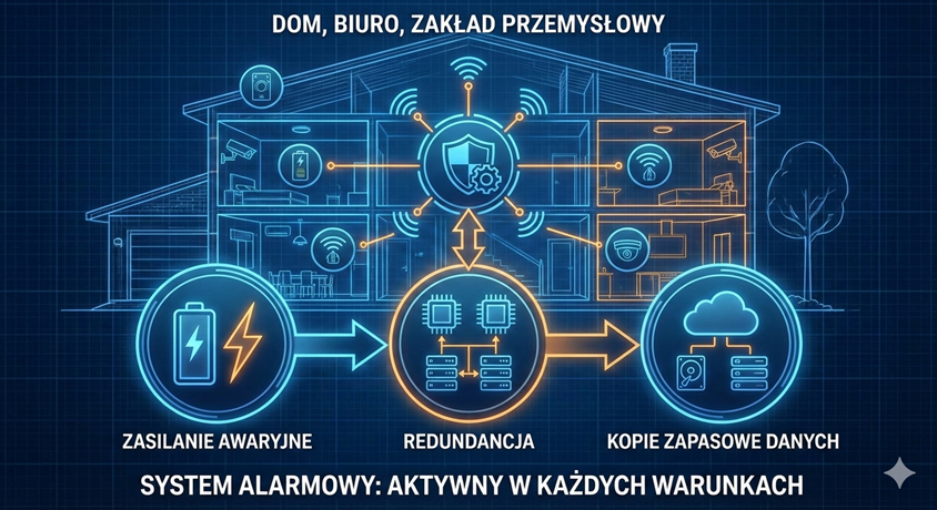 Architektura systemu alarmowego: zasilanie awaryjne, redundancja, backupy